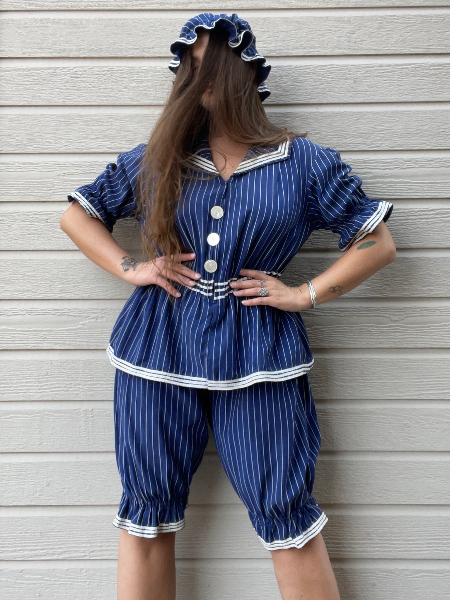 Late 1800s Striped Swimsuit Made Circa 1930s-2 Piece Jumpsuit + Hat