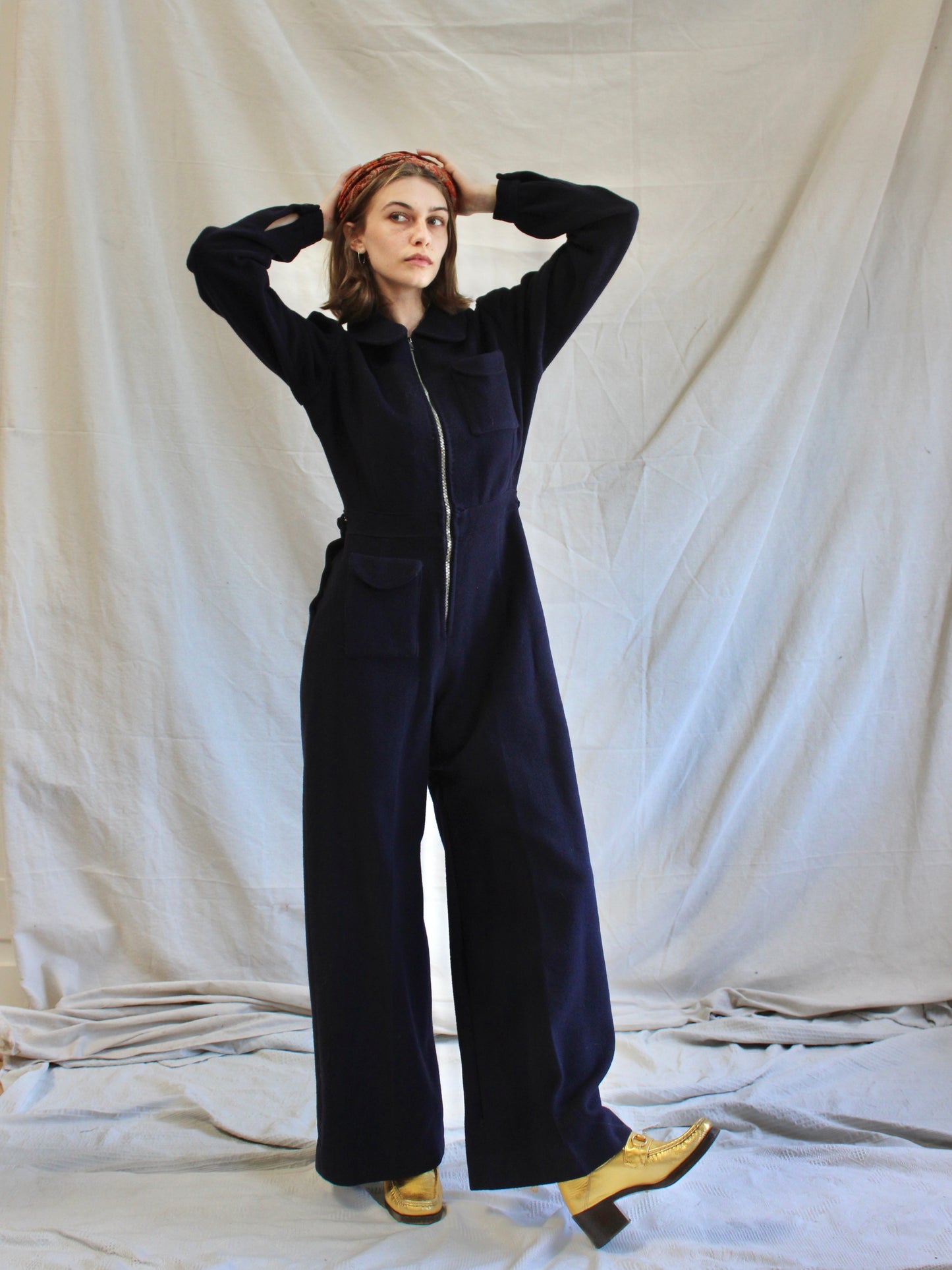 WW2 Navy Blue Wool Back Flap "Siren Suit" Wide Leg Jumpsuit