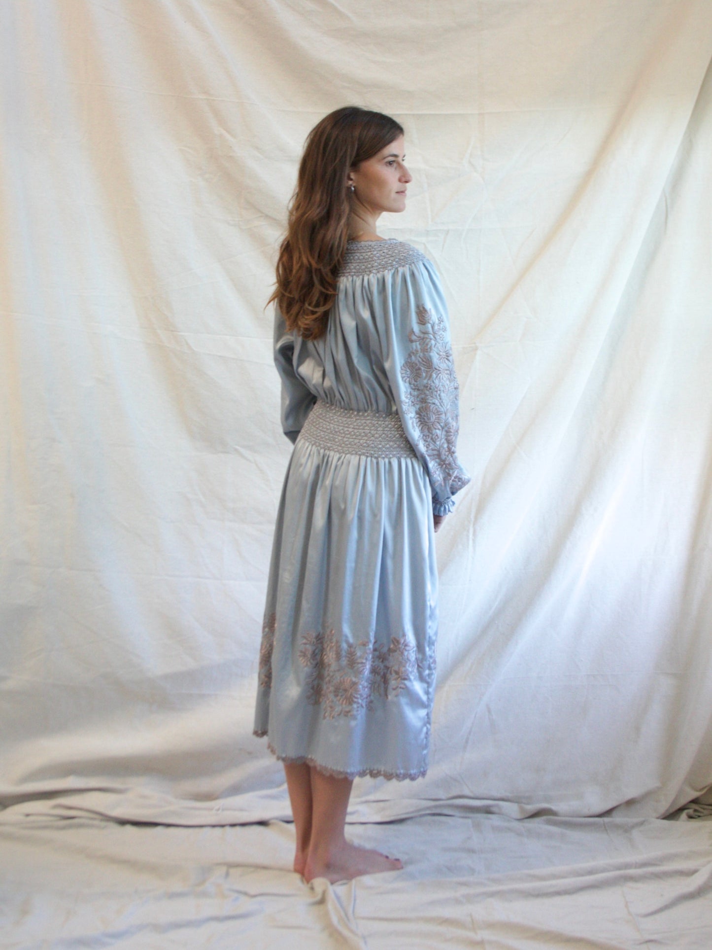 Vintage Icey Blue Silk Satin Hungarian Embroidered Peasant Dress