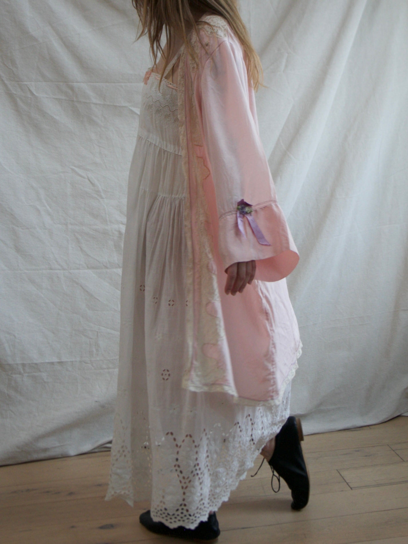 19930s Silk Crepe De Chine Inset Lace Rosette Lingerie Robe