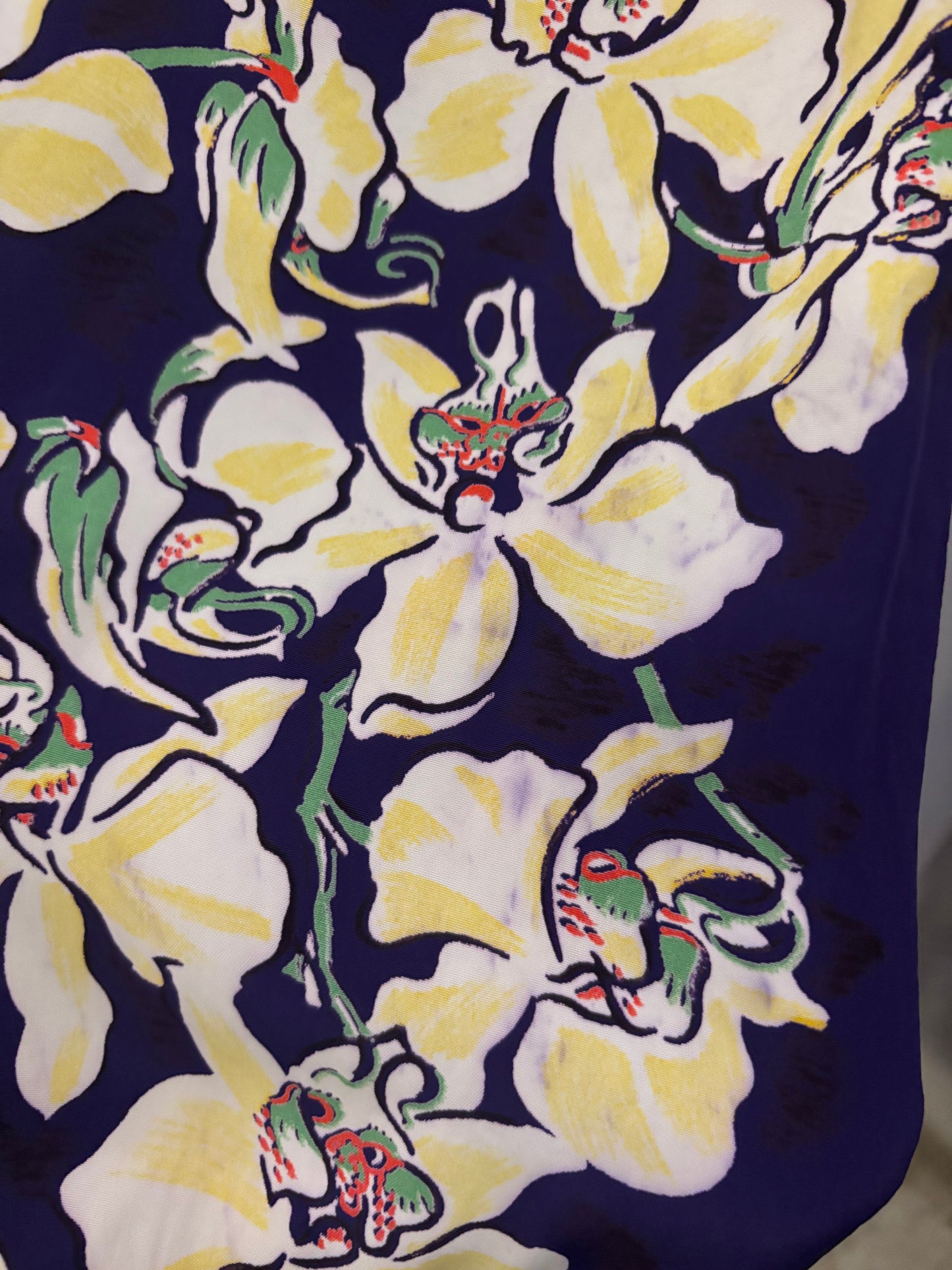 1940s Vibrant Cold Rayon Hawaiiana Ruched Mid Length Dress