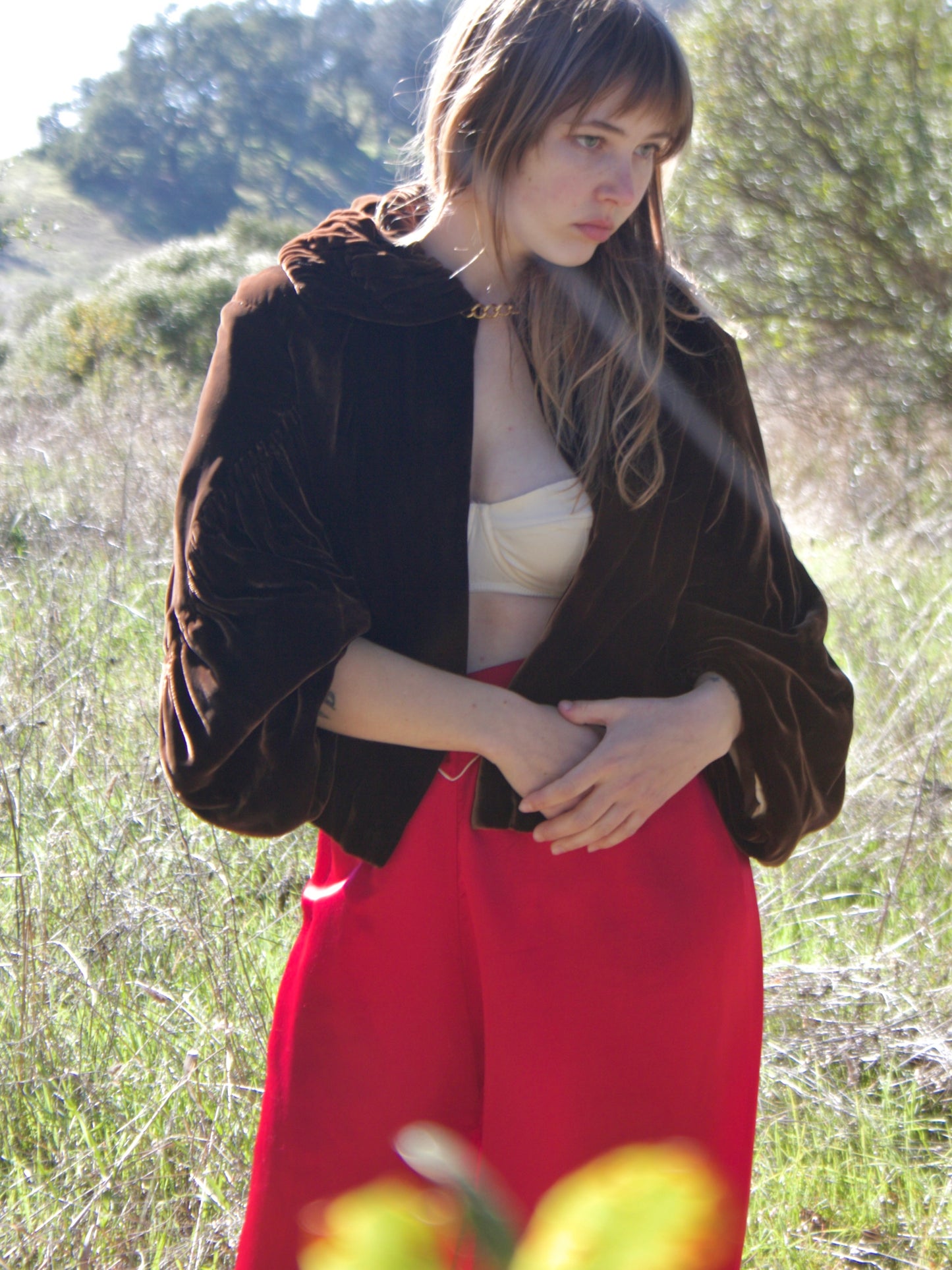 1930s Chocolate Brown Silk Velvet Cropped Ruched Sleeve Jacket