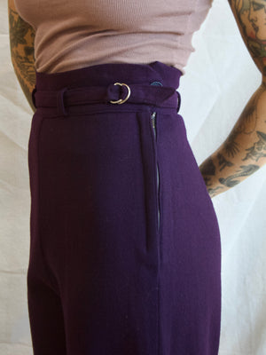 1940s Deep Plum Wool Flannel Side Button Belted Wide Leg Pants