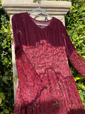 1920s Merlot Silk Velvet & Lace Bell Sleeve Dress