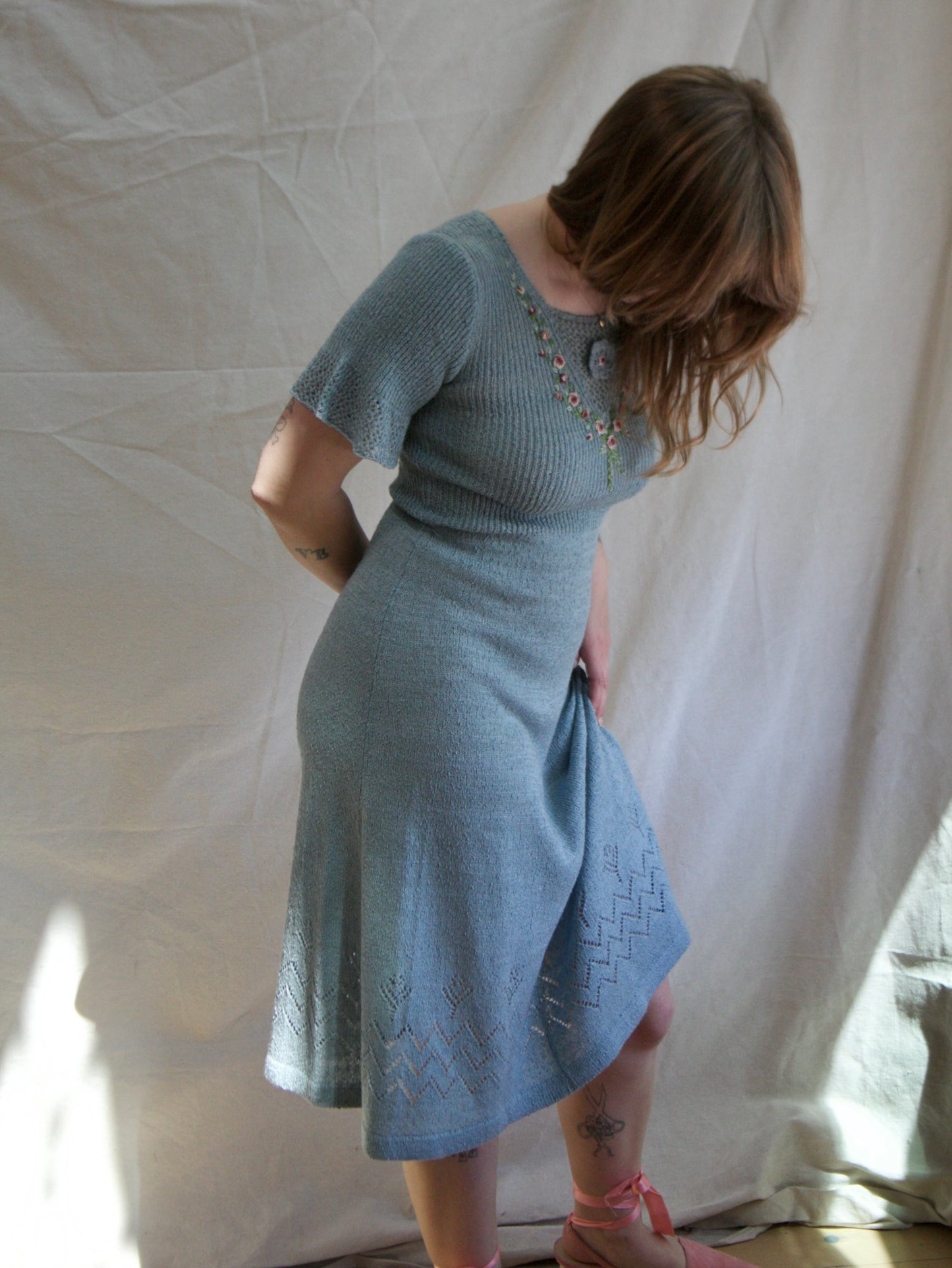 1940s Embroidered Floral  Pewter Rayon Knit Dress
