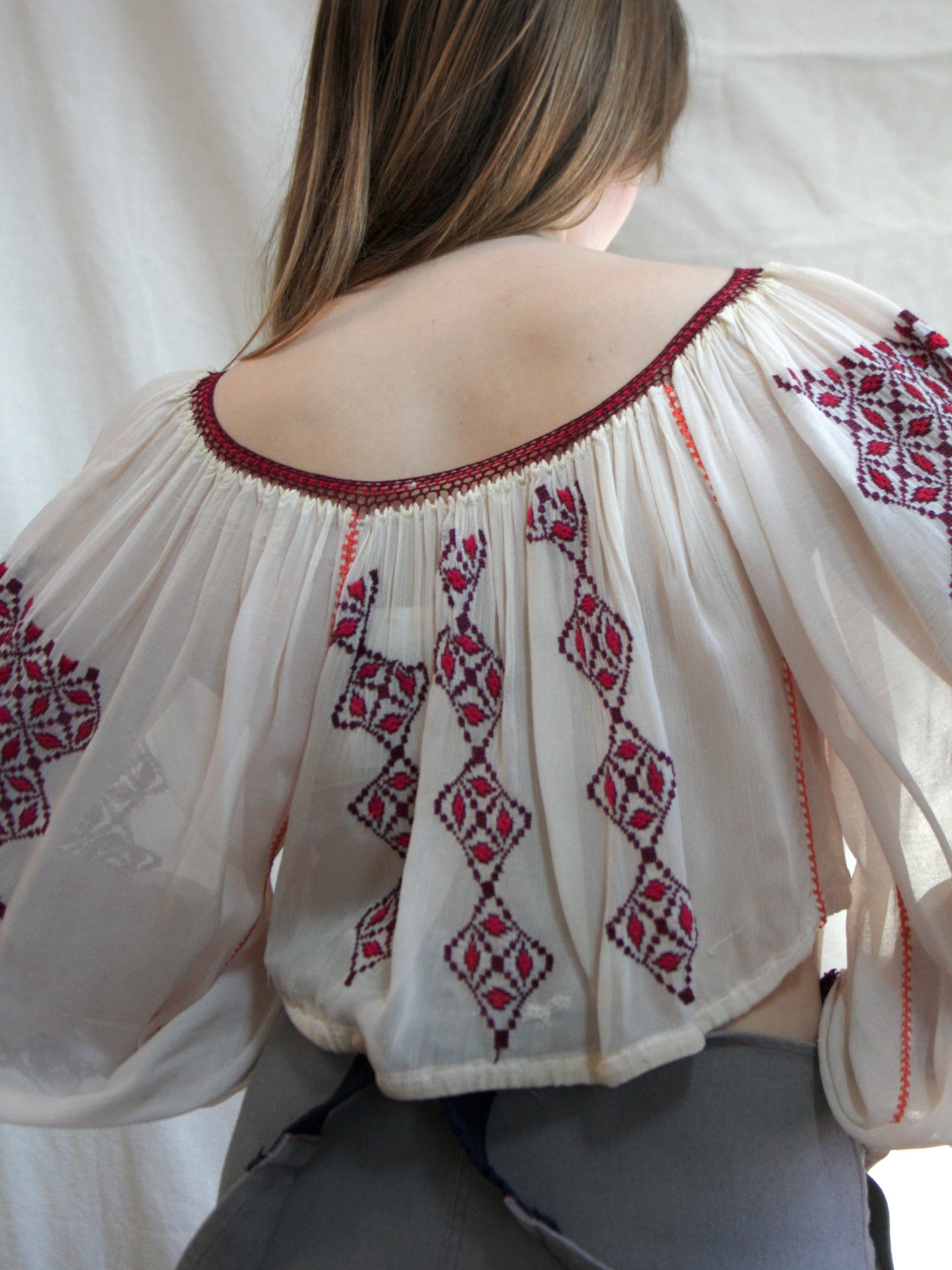 Antique Fine Poet Sleeve Romanian Embroidered Cropped Blouse