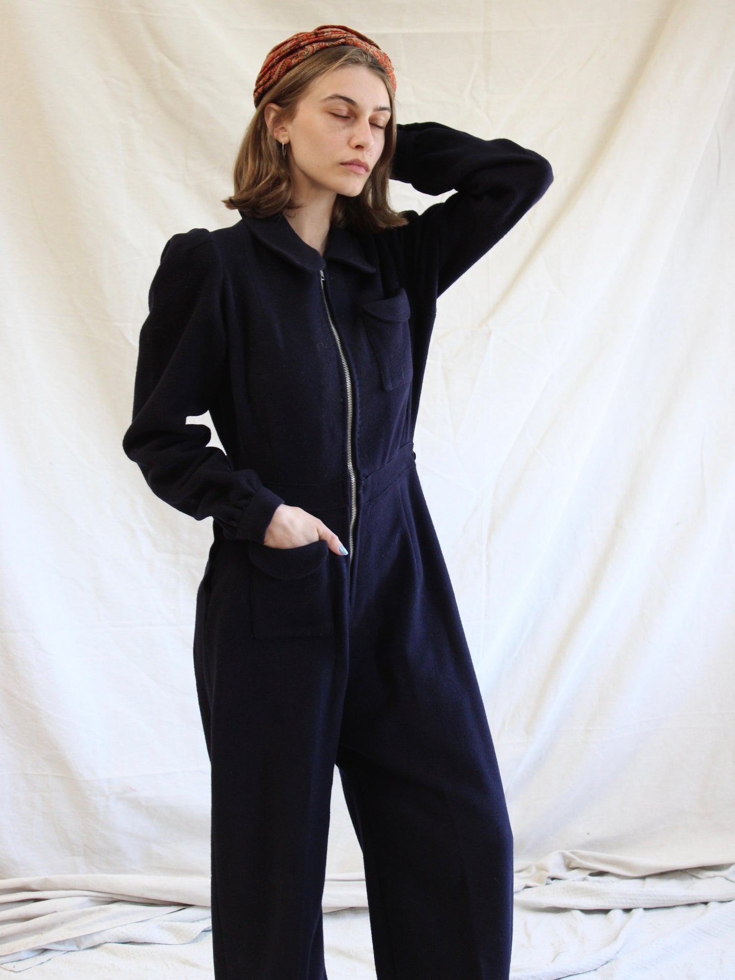 WW2 Navy Blue Wool Back Flap "Siren Suit" Wide Leg Jumpsuit
