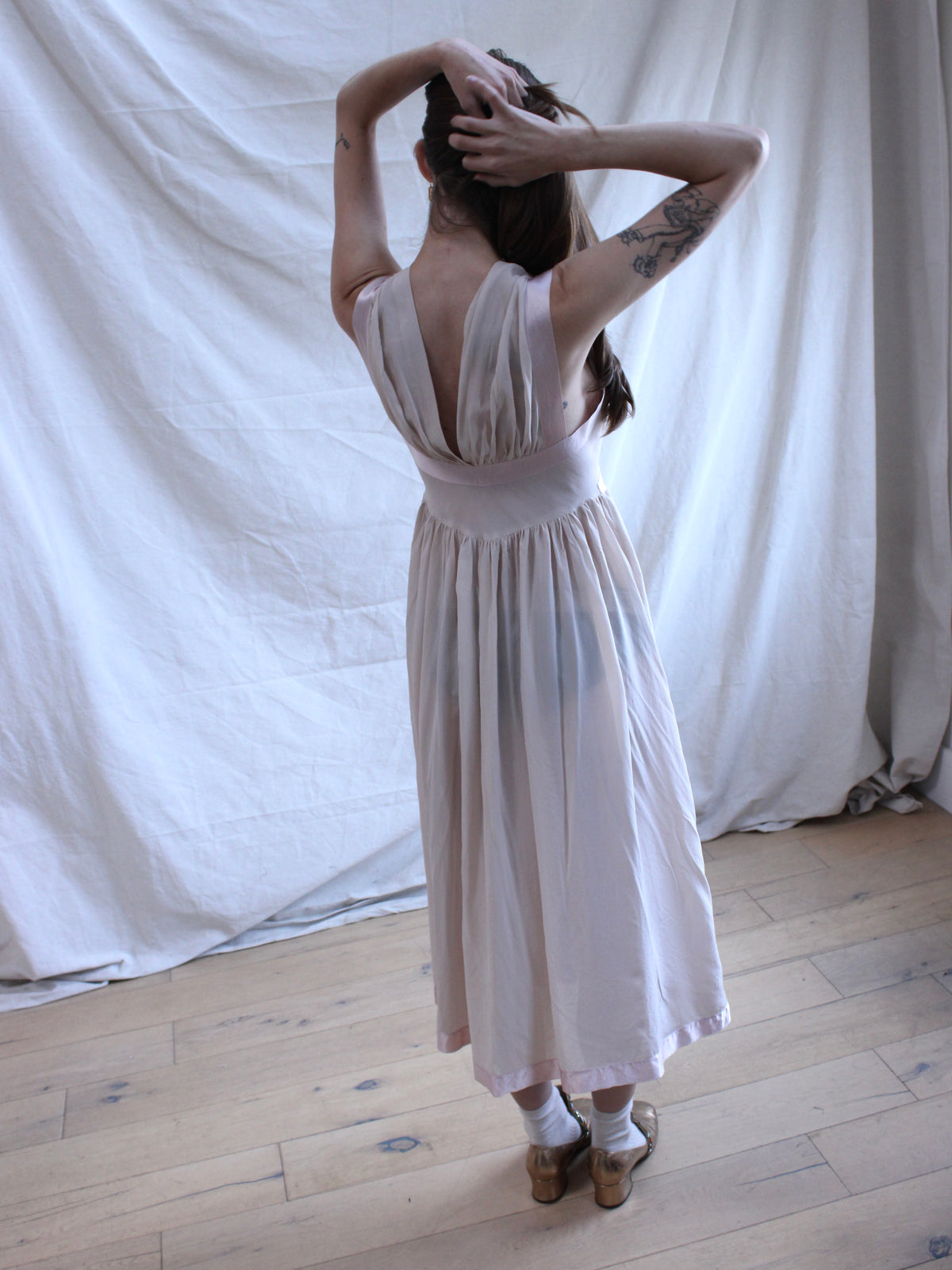 1940s Silk Fischer Two Tone Ruched Lingerie Gown