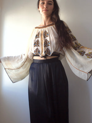 Rare 1920s Eastern European Sweeping Bell Sleeve Hand Beaded/ Embroidered Tie Waist Crochet Blouse