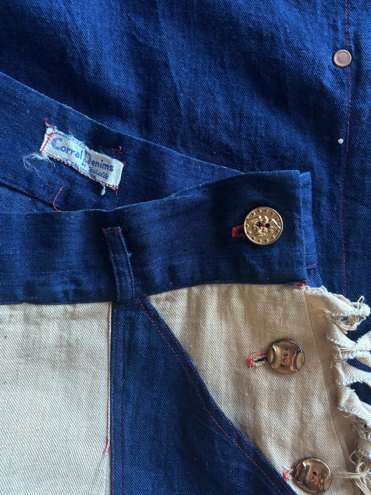 RARE 1940s Western Side Button Two Tone Built-in Chaps Fringe Denim