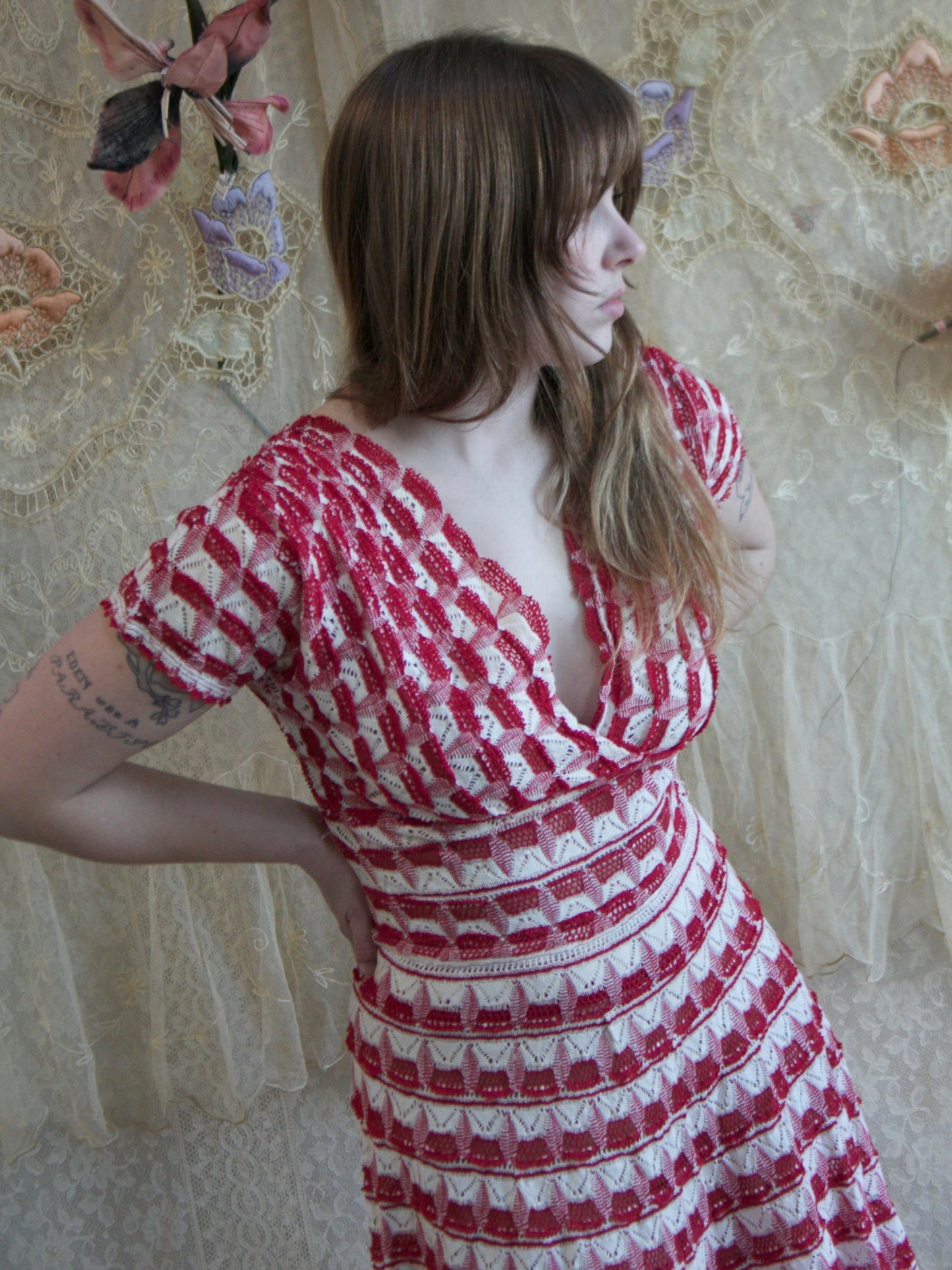 1950s Red/ White Crochet Knit Dress