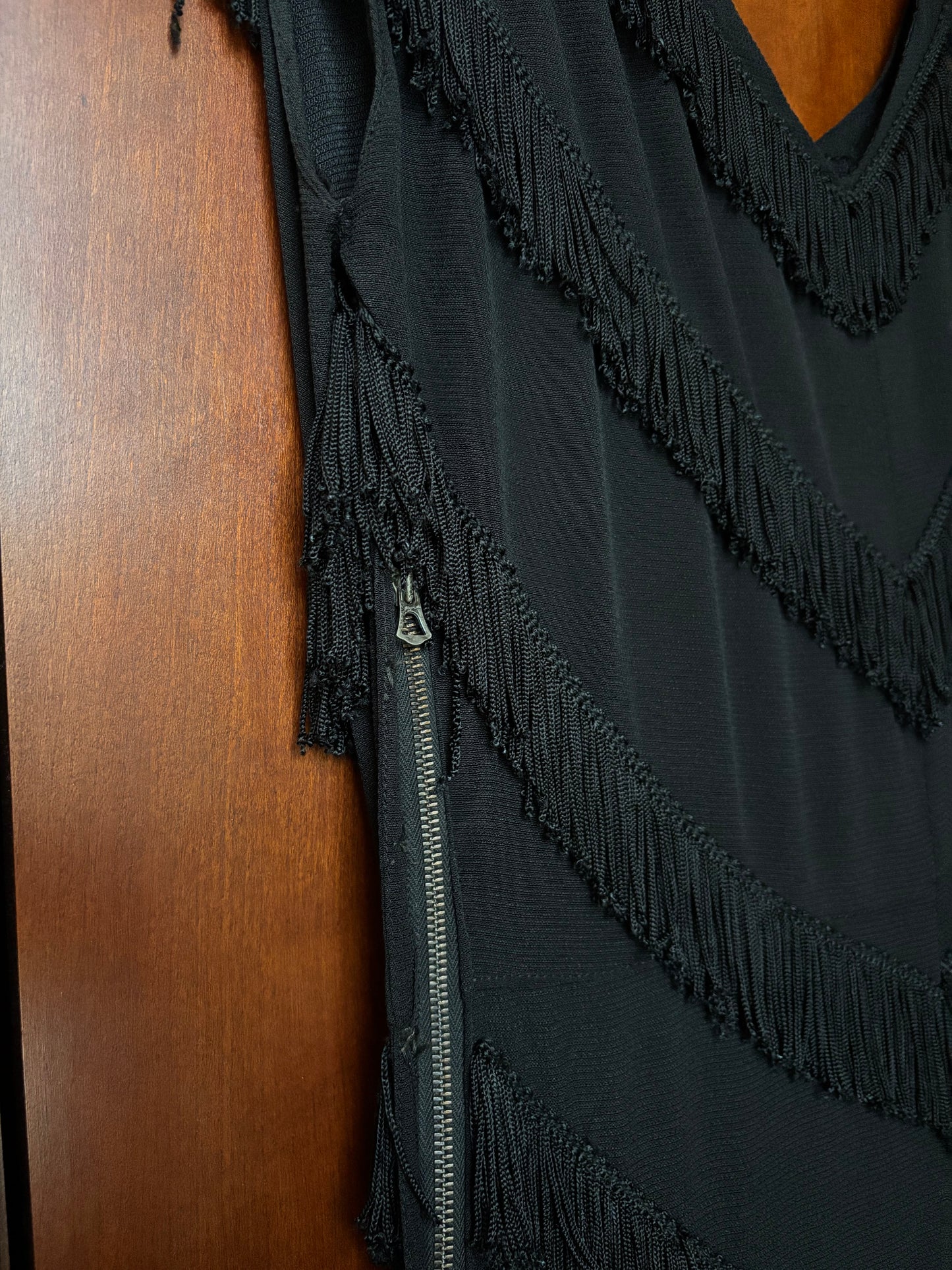 1940s Rayon Crepe Fringe Trained Gown