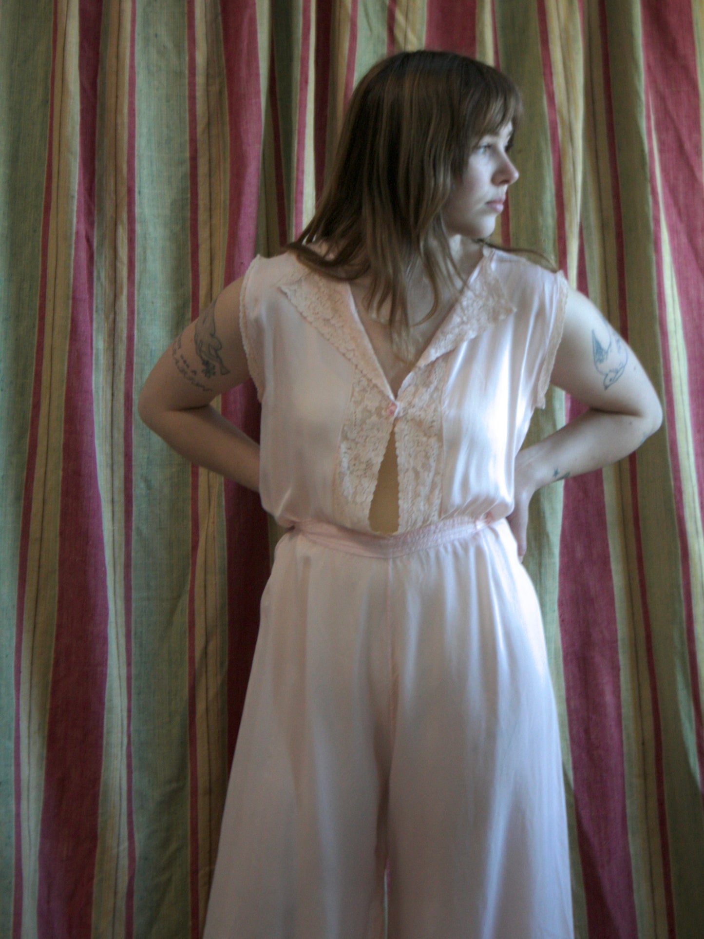 1930s Petal Pink Lace Trim Keyhole Boudoir Jumpsuit