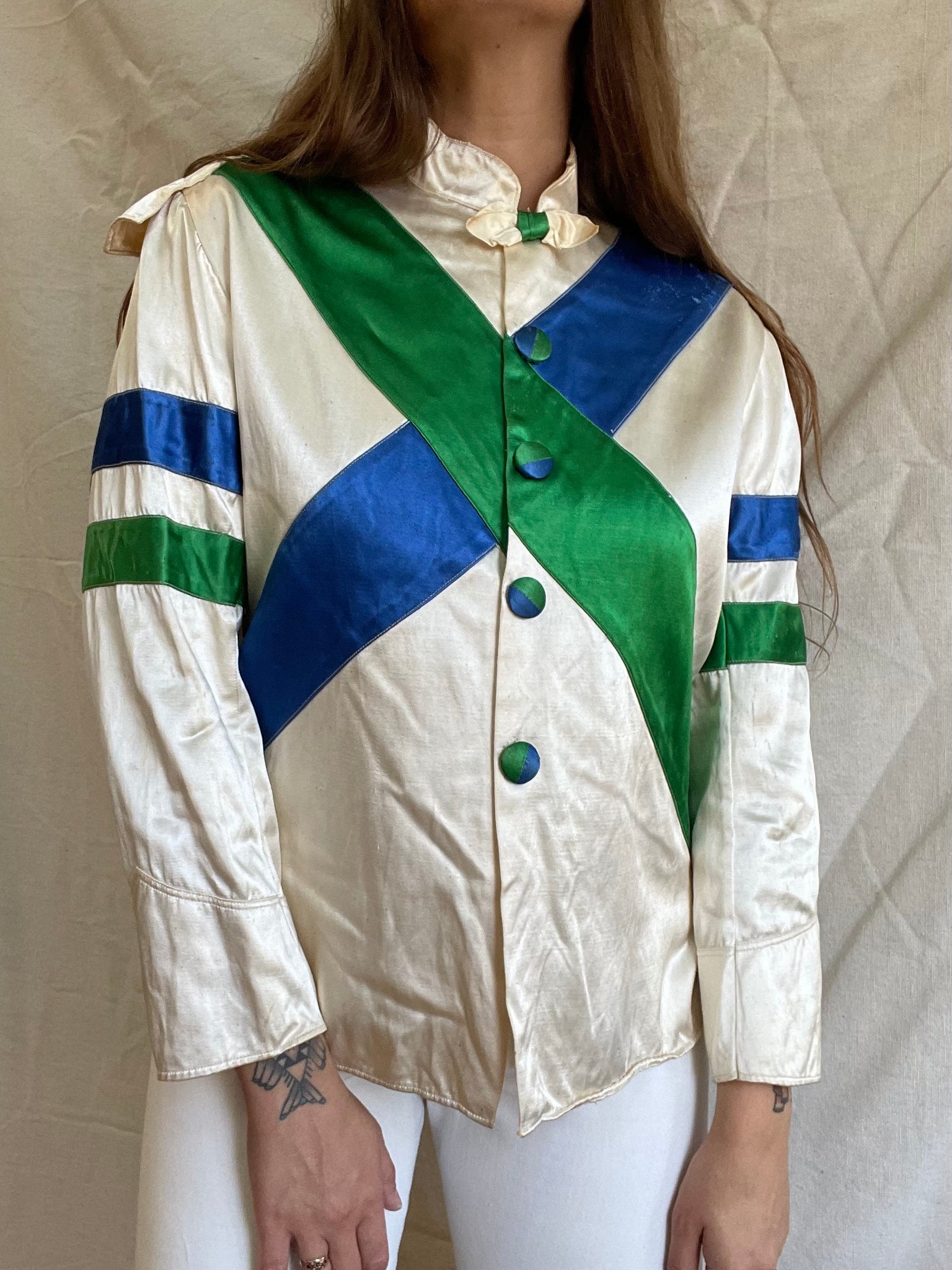 1940s 2-PC Ladies Horse Jockey Rayon Satin Coloblock Emboirdered Cap & Jacket