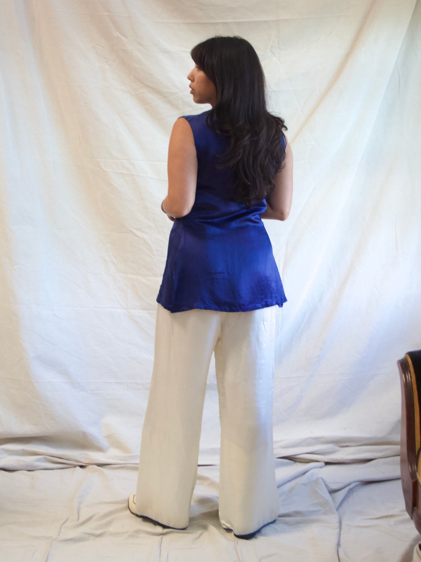 1940s Cobalt & Ivory Silk Two PC Loungewear Blouse Pant Set