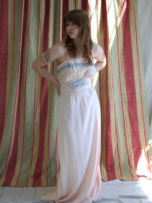1940s Appliqué Two Tone Cold Rayon Bias Cut Slip Dress