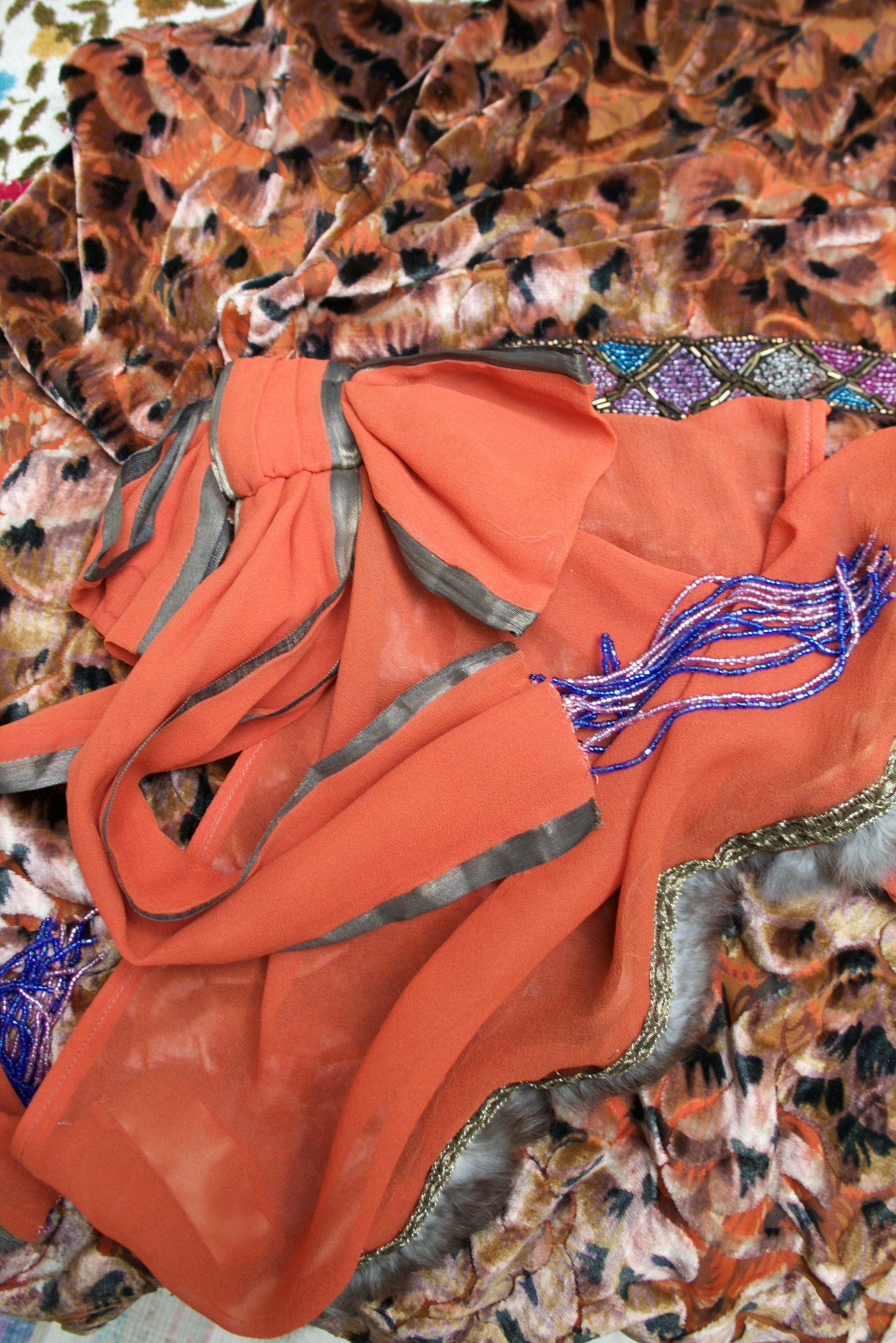 Antique 1920s Autumnal Micro Beaded Devore Velvet & Chiffon Lamé Trim Drop Waist Gown