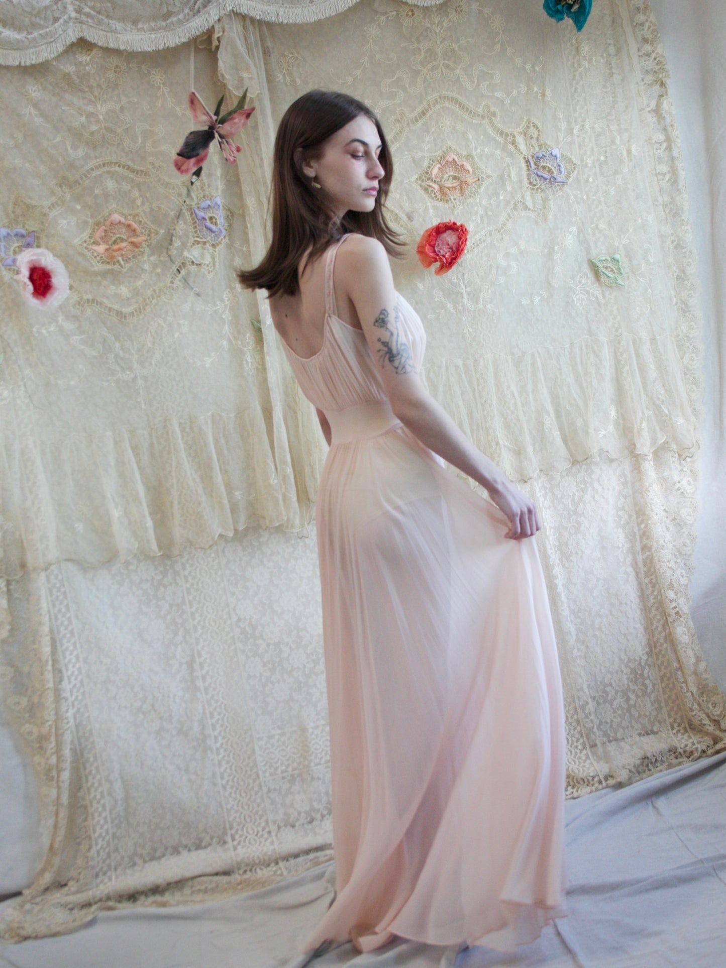 1930s Petal Pink Chiffon Gathered Sweeping Slip Dress