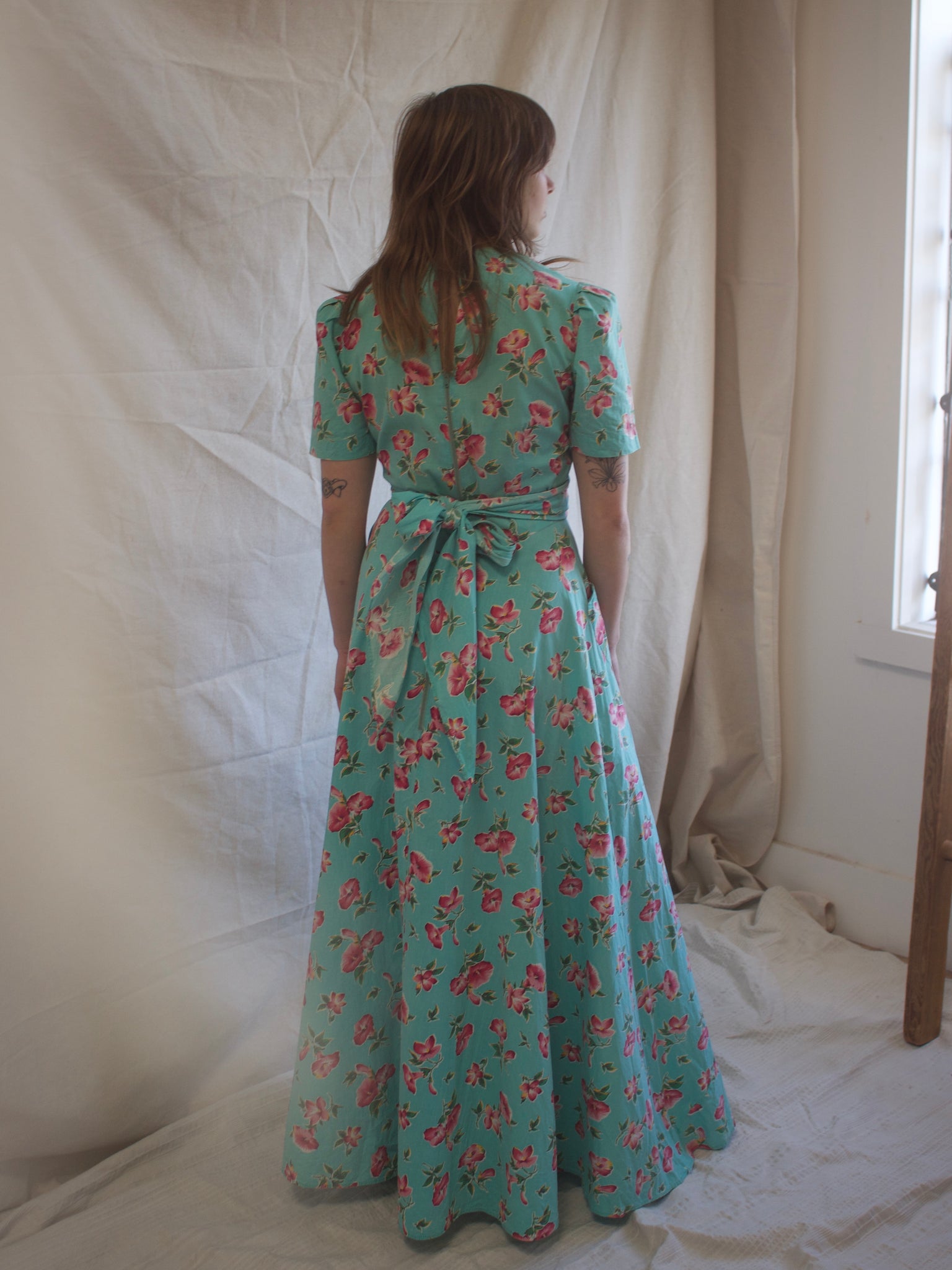 1940s Puff Sleeve Floral Cotton Tie Waist Floor Length Dress * Heart Pockets