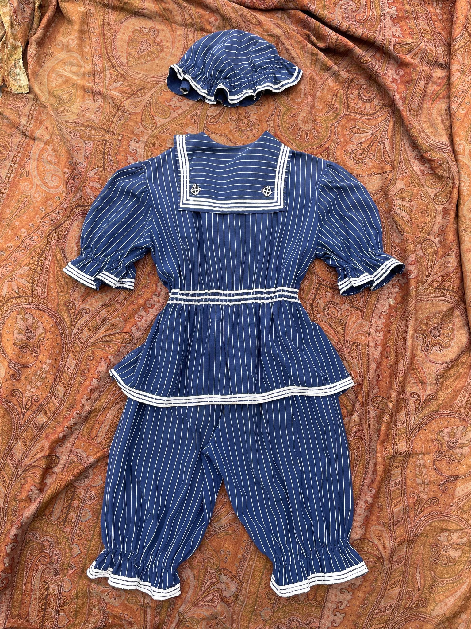 Late 1800s Striped Swimsuit Made Circa 1930s-2 Piece Jumpsuit + Hat
