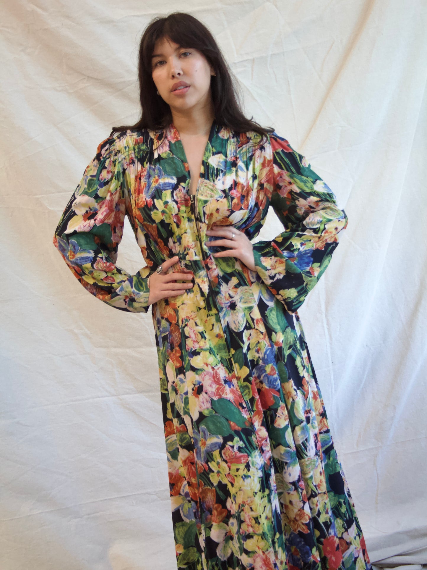 1930s Zip Front Puff Bell Sleeve Floral Silk Crepe Dress