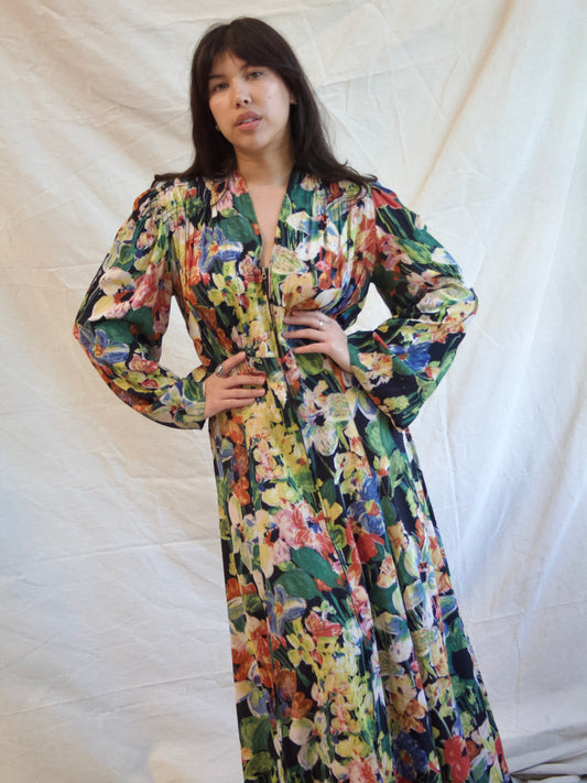 1930s Zip Front Puff Bell Sleeve Floral Silk Crepe Dress