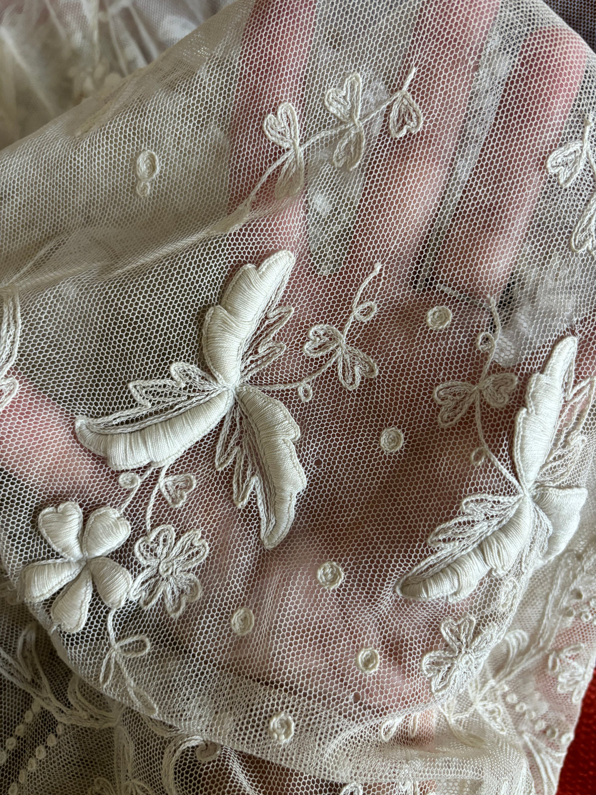 Antique Embroidered Tambour Lace Net Overlay Tea Length Gown