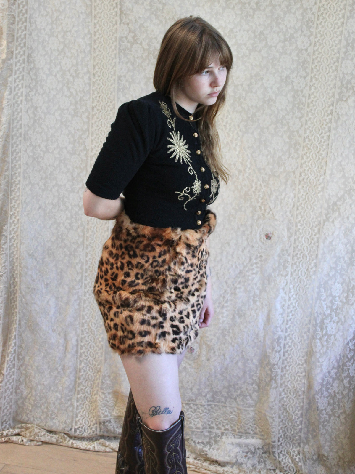 Deadstock 1960s Leopard Stenciled Rabbit Fur Skirt