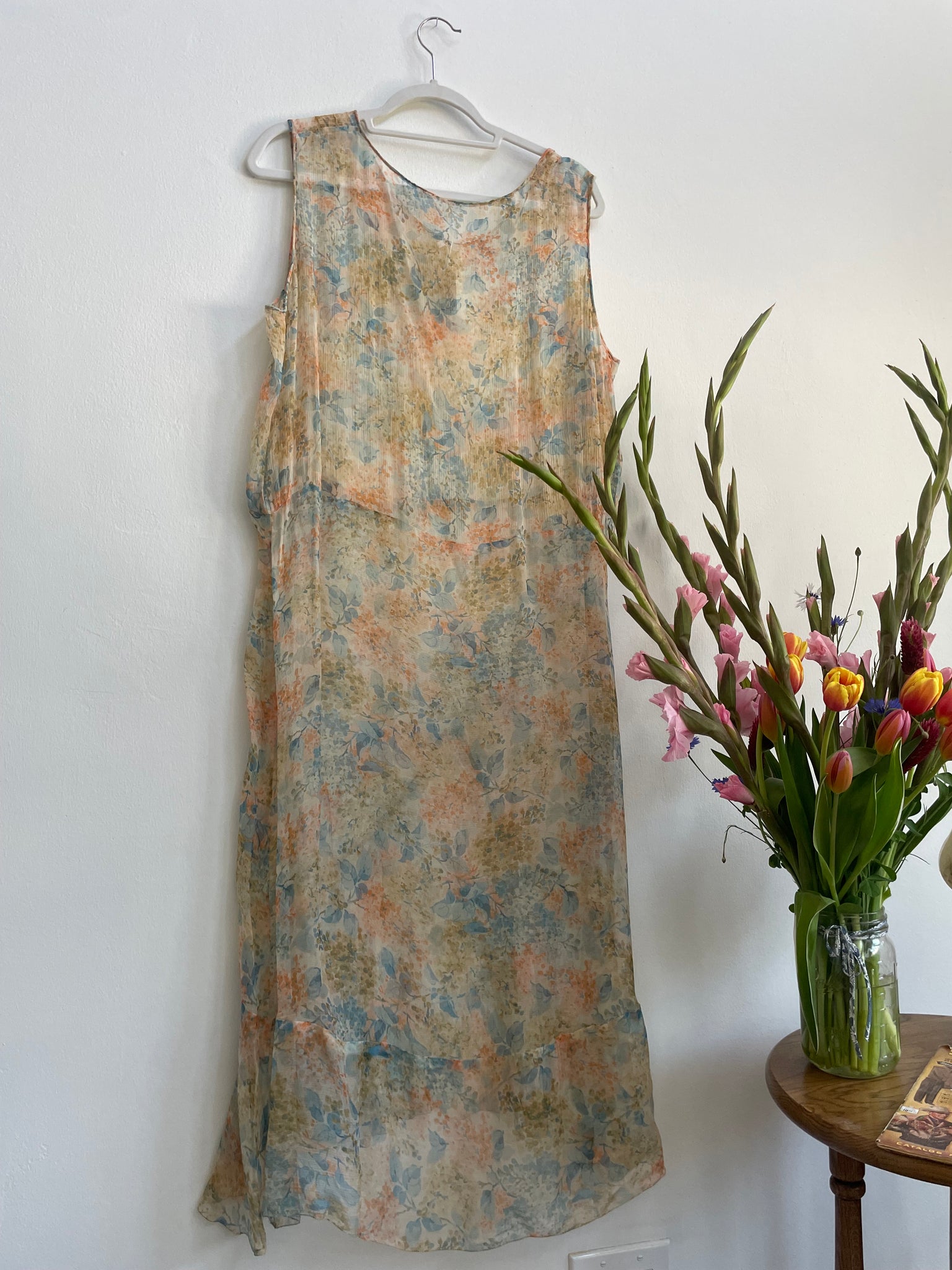 1920s Springtime Floral Silk Chiffon Drop Waist Dress