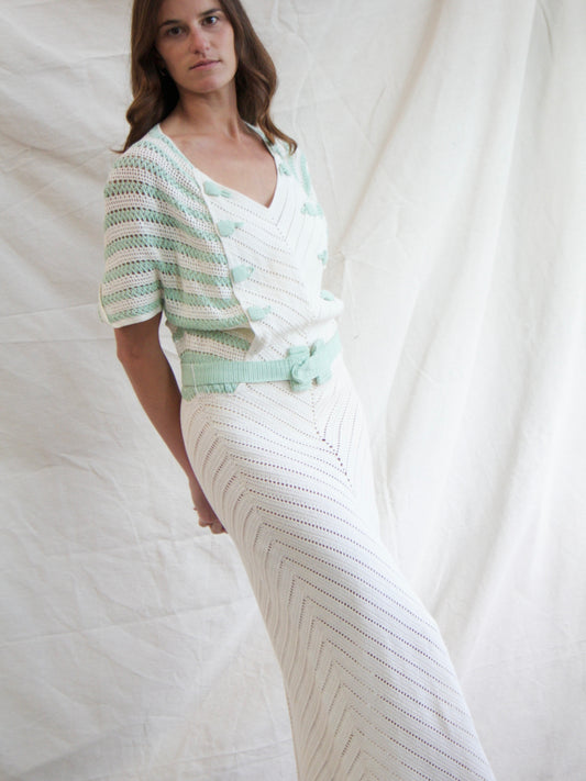 1930s Mint & Cream Striped Knit Belted Dress
