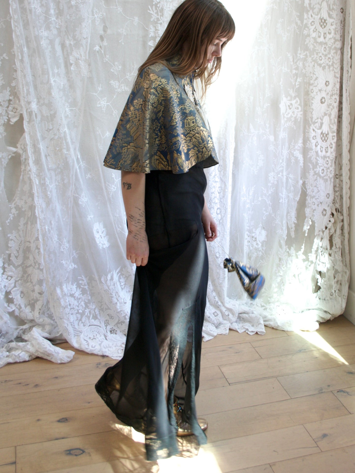 1940s Silk Satin Damask Capelet + Matching Purse