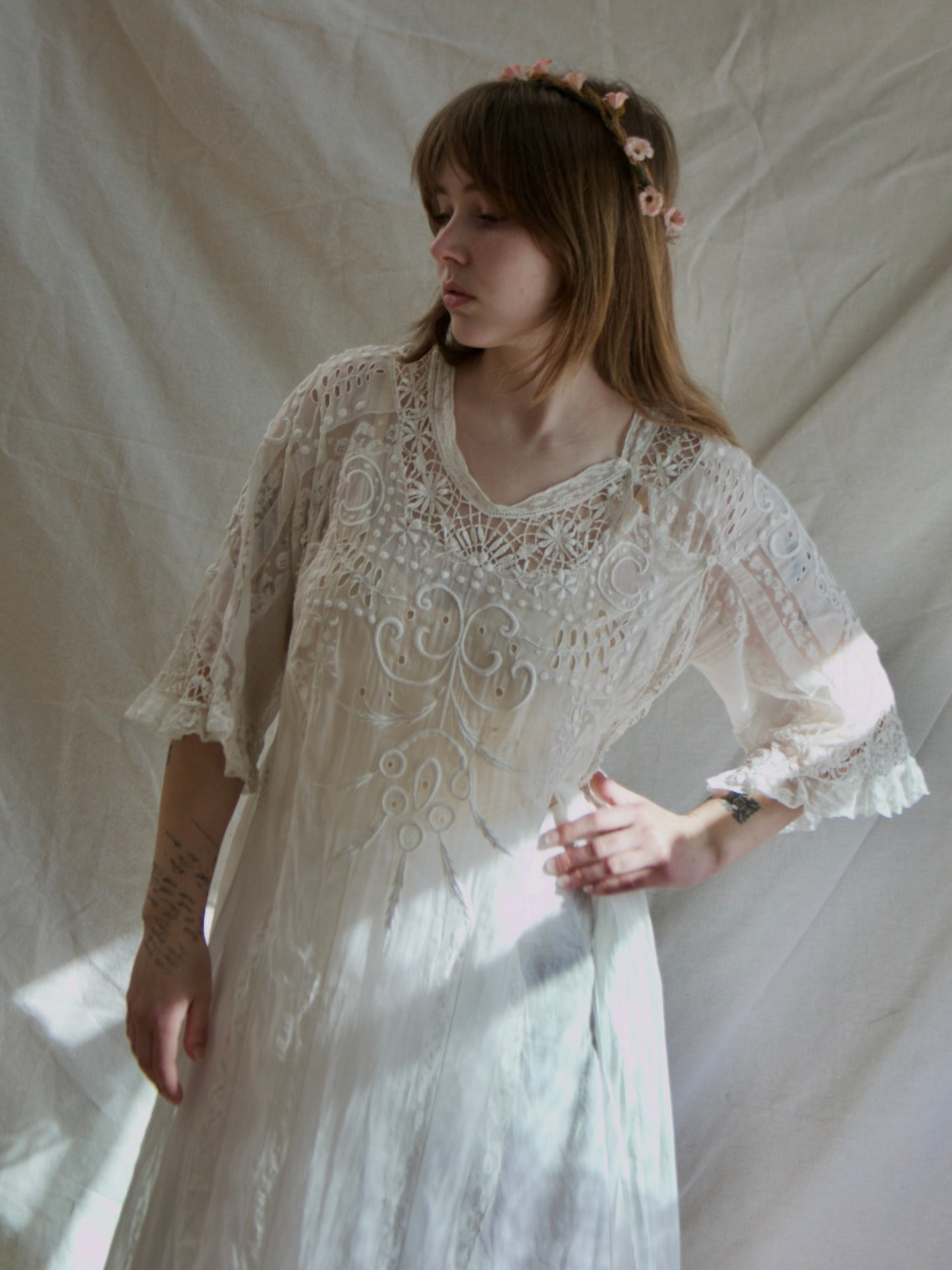 Special Antique Edwardian Whitework Batiste Cotton Crochet Lace Troussea Gown