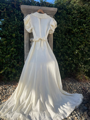 1930s Exaggerated Sculptural Sleeve Taffeta Tie Waist Wedding Gown