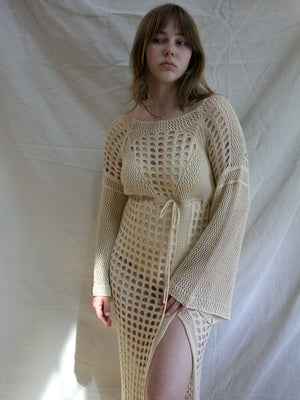1970s Soft Cotton Bell Sleeve Open Knit Cover Up Dress