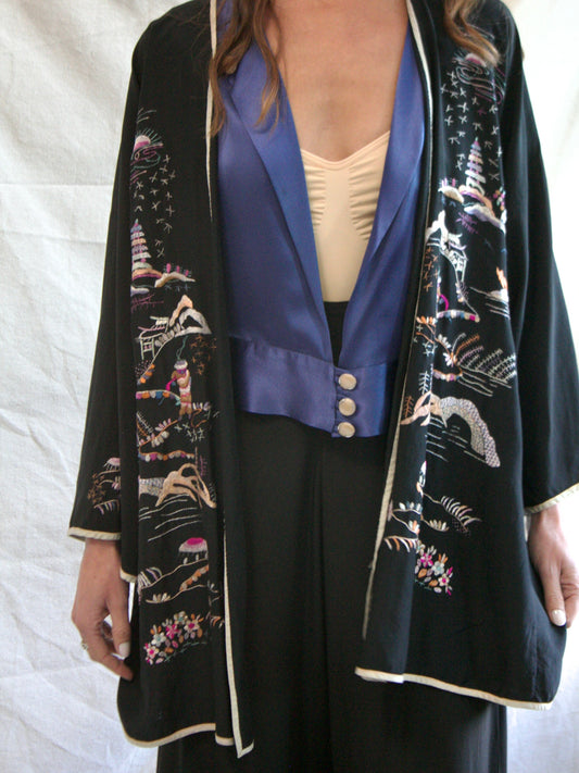 1930s Embroidered Asian Silk Bell Sleeve Robe