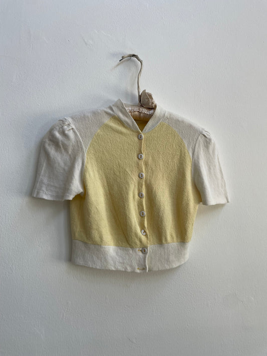 1930s Two Tone Butter Yellow & Ivory Fuzzy Rayon Knit Puff Sleeve Cropped Knit
