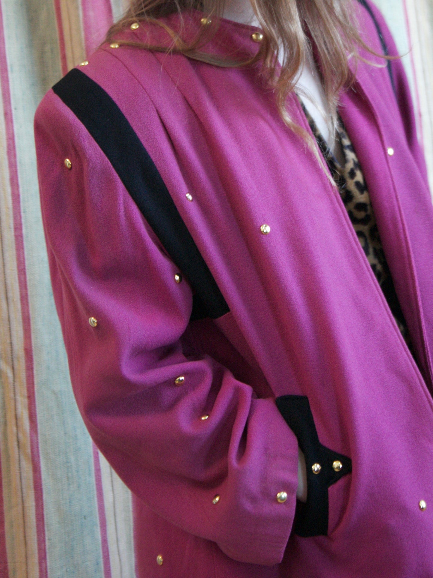 1940s Color Block Strong Shoulder Studded Swing Coat