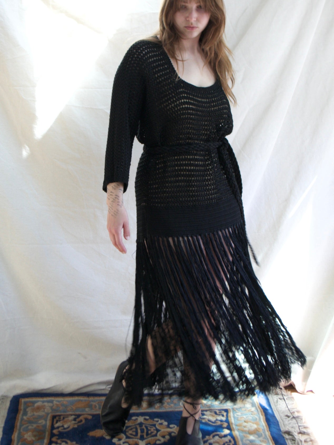 Antique 1920s Inky Black Rayon Knit Fringe Tunic Dress