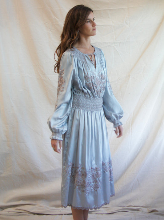 Vintage Icey Blue Silk Satin Hungarian Embroidered Peasant Dress