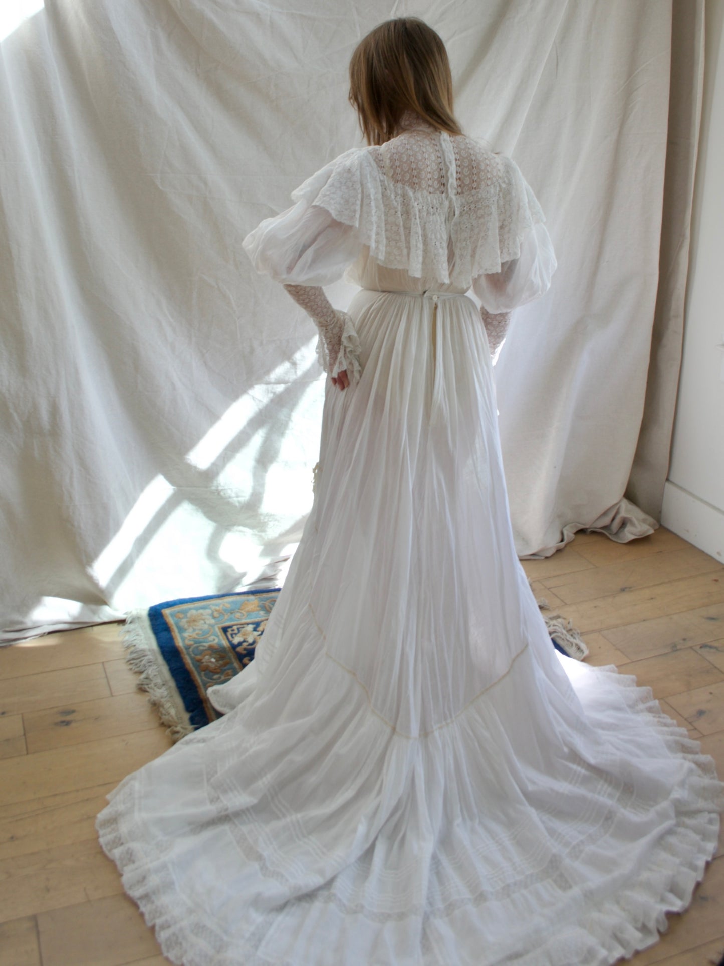 Antique Turn Of The Century Batiste Cotton Inset Lace Trained Mutton Gown