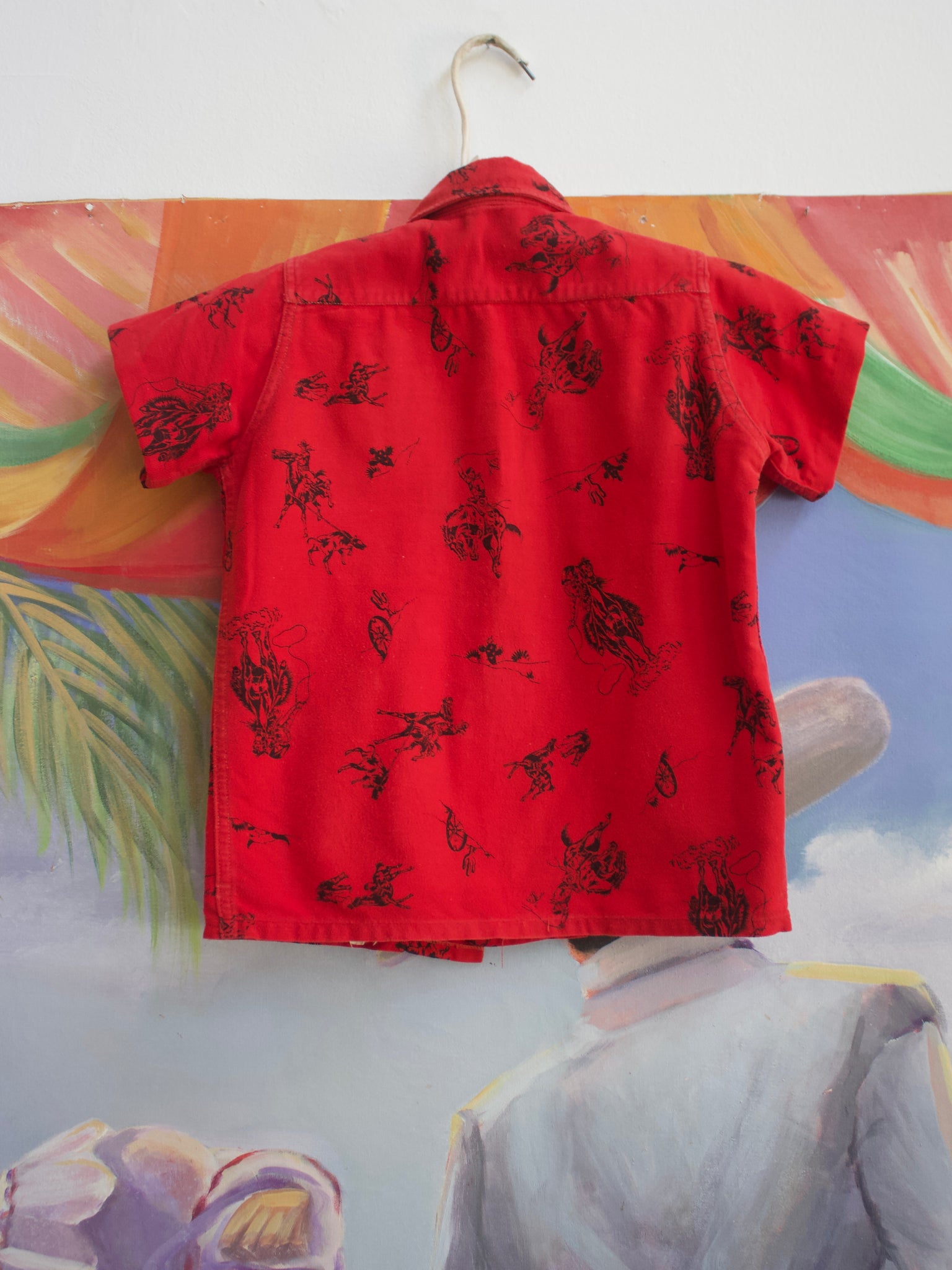 1950s Western Cowboy Print Cherry Red Cotton Flannel Shirt