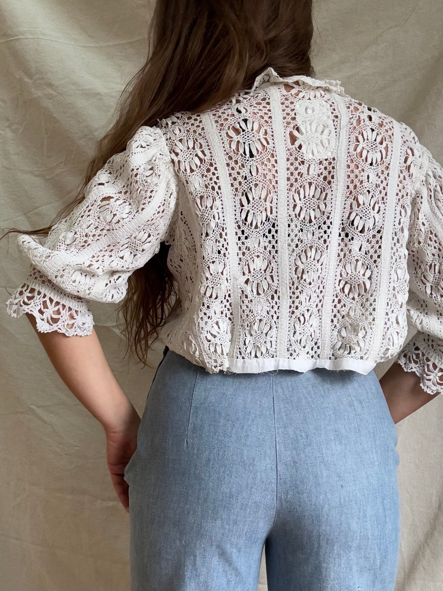 1890s-1900s Hand Done Crochet Bishop Sleeve Blouse