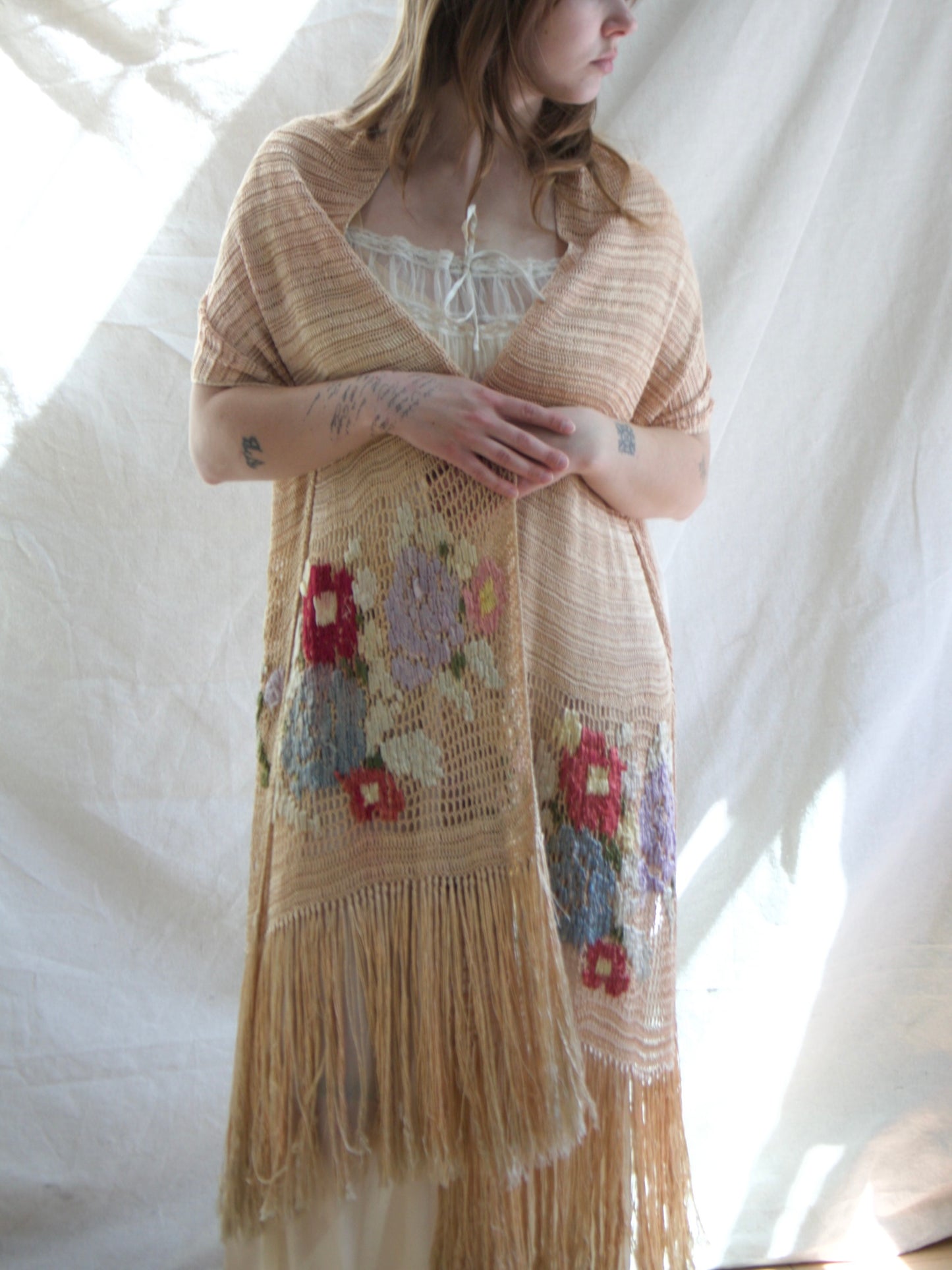 1930s Austrian Silk Crochet Floral Fringe Shawl