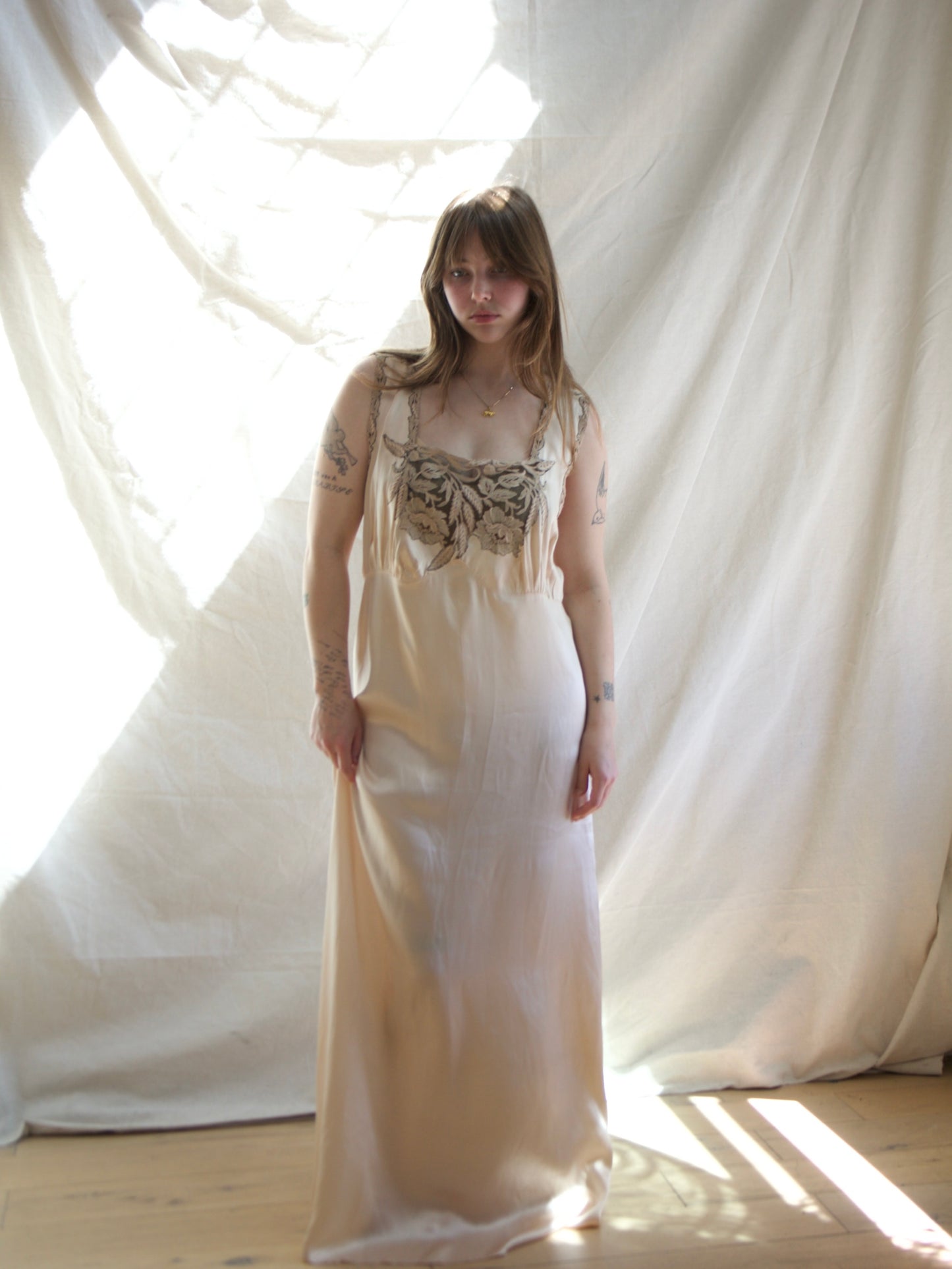 1930s Champagne Silk Inset Lace Low Back Slip Dress