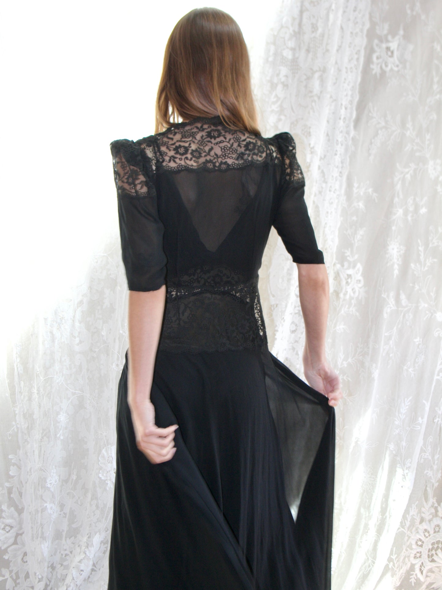 1930s Two Piece Inky Black Silk & Lace Gown/ Peignoir Set