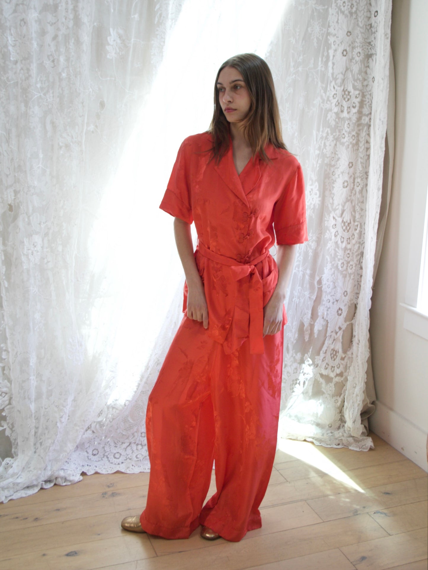 1940s Chinese Silk Jacquard 3 Piece Loungewear Ensemble