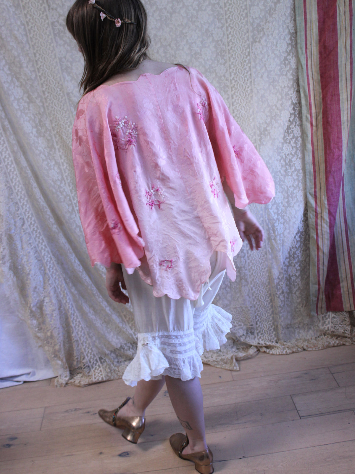 Antique 1920s Ombré Butterfly Jacquard Silk Embroidered Scalloped Lingerie Jacket