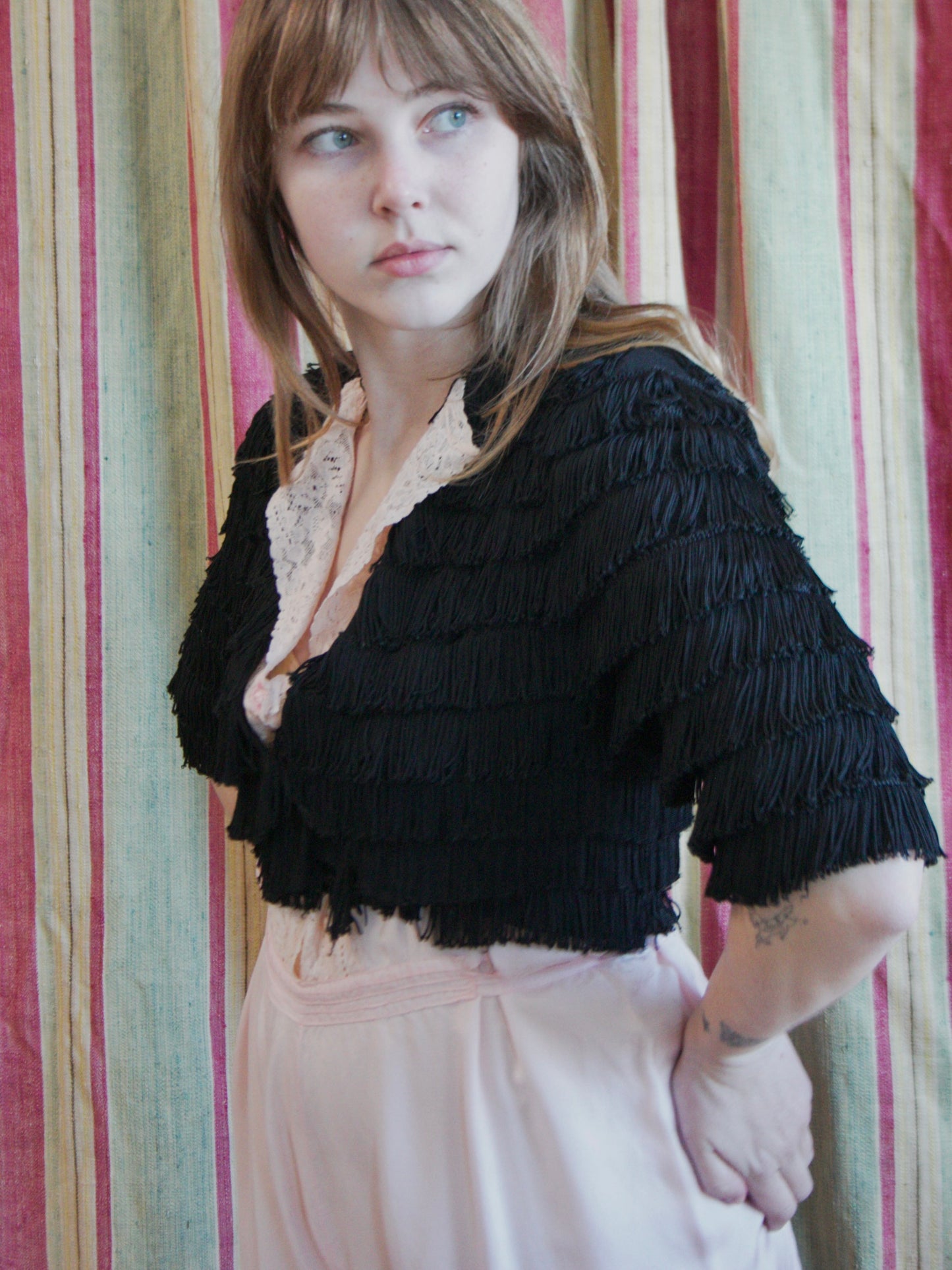 1930s Rayon Crepe Fringe Wrap Bolero Blouse