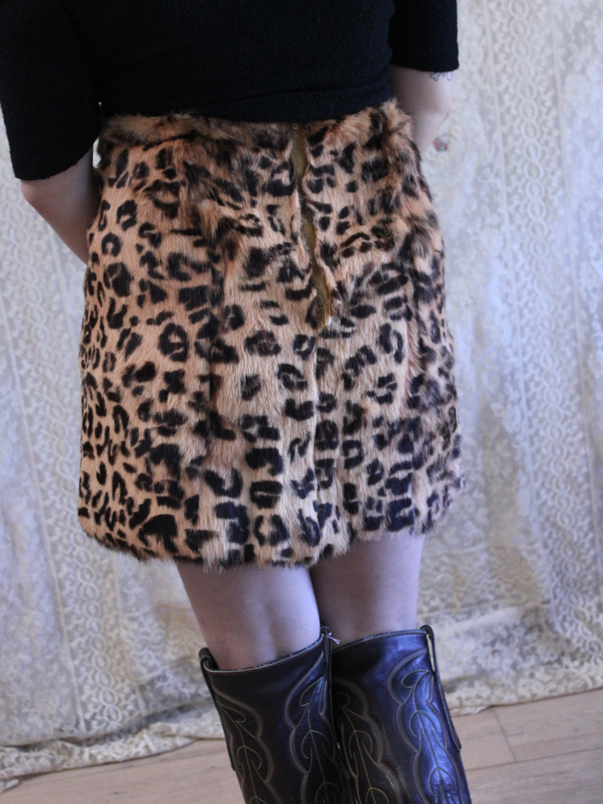 Deadstock 1960s Leopard Stenciled Rabbit Fur Skirt