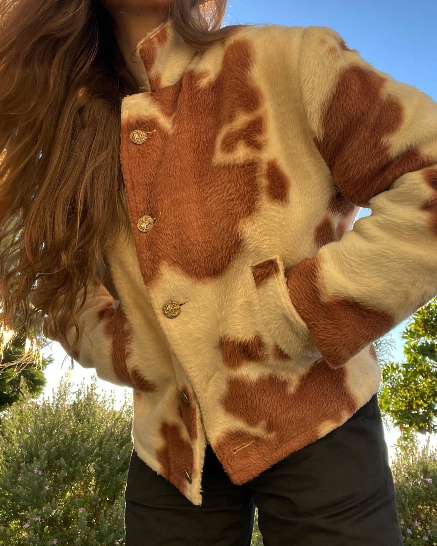 Rare 1960s Plush Faux Cow Print Sherpa Lined Campus Outerwear Jacket